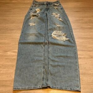 Vintage Distressed Baggy Wide Leg Blue Denim Jeans 25x30 Y2K Grunge Skate